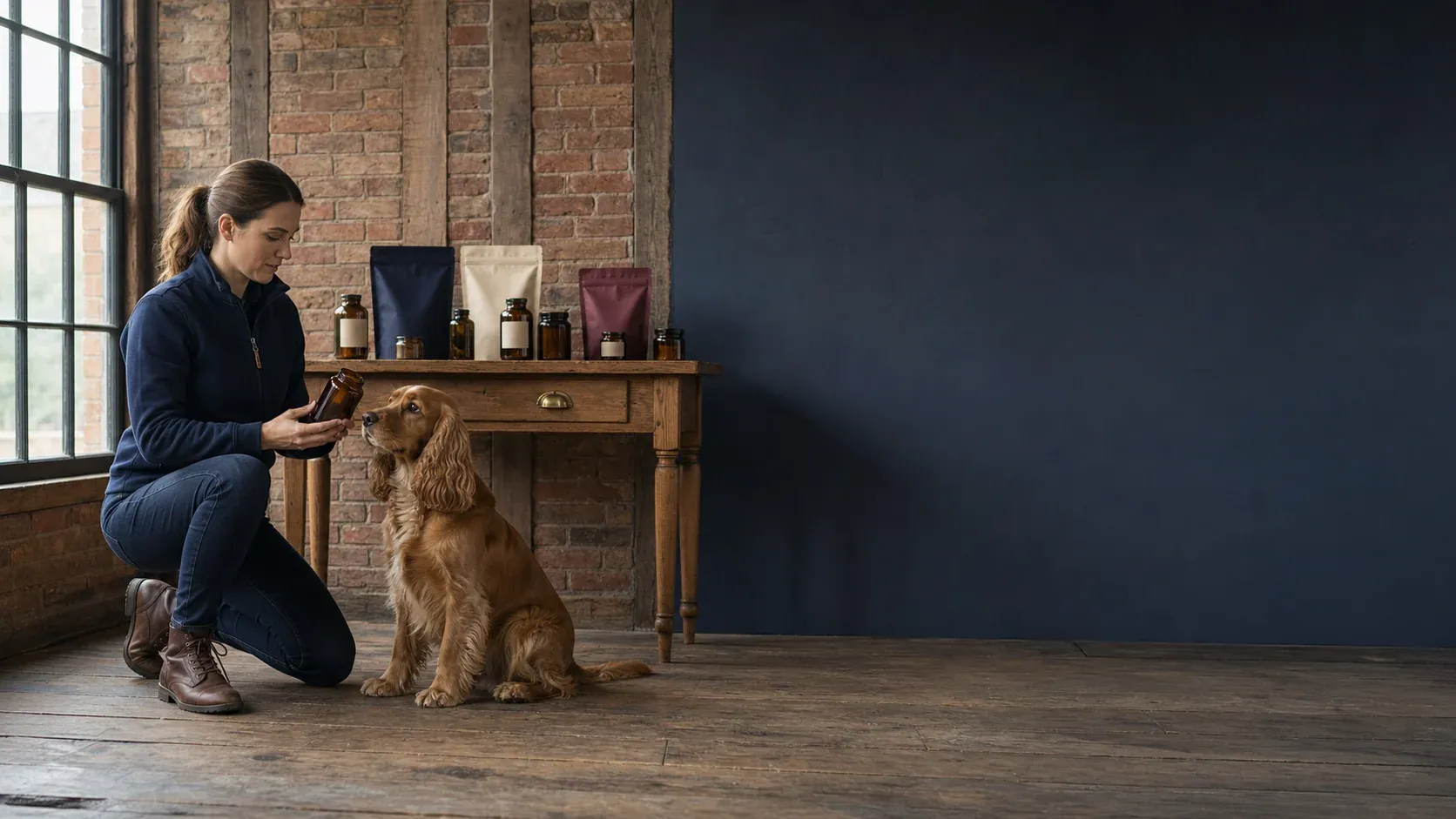 British pet supplement development studio with a cocker spaniel and custom packaging